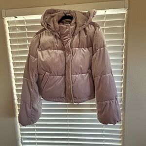ALO Pink/Mauve Shimmer Velour Puffer Jacket, size Small, EUC, removable hoodie